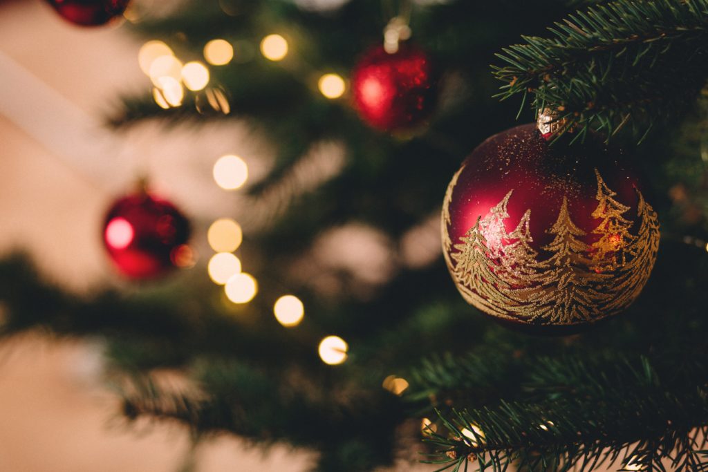 Christmas tree with red bulb decorations