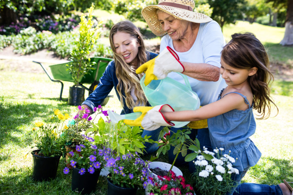 Multi-generation family gardening in the park on a sunny day