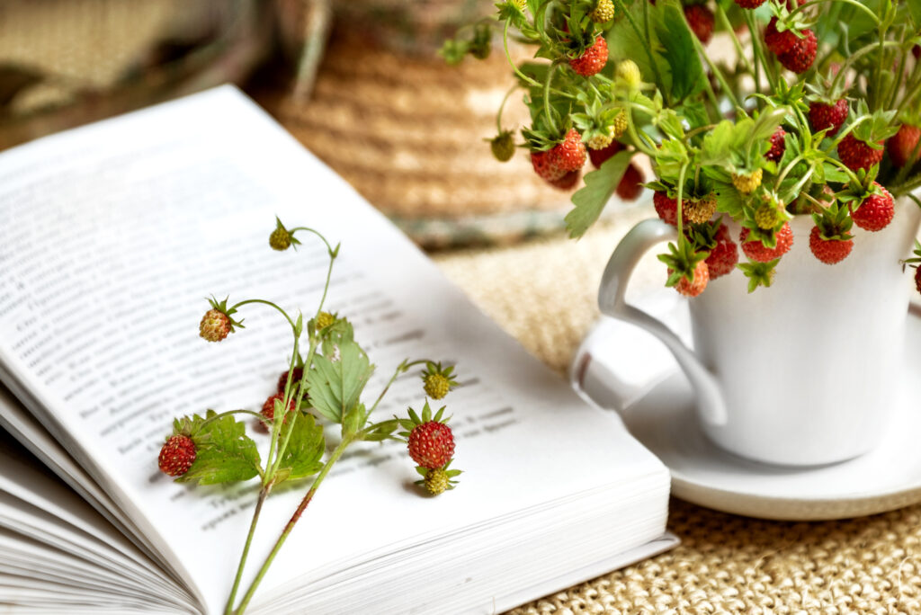 reading an open book laying near summer bunch of wild strawberry twigs with hanging red berries placed in white tea mug