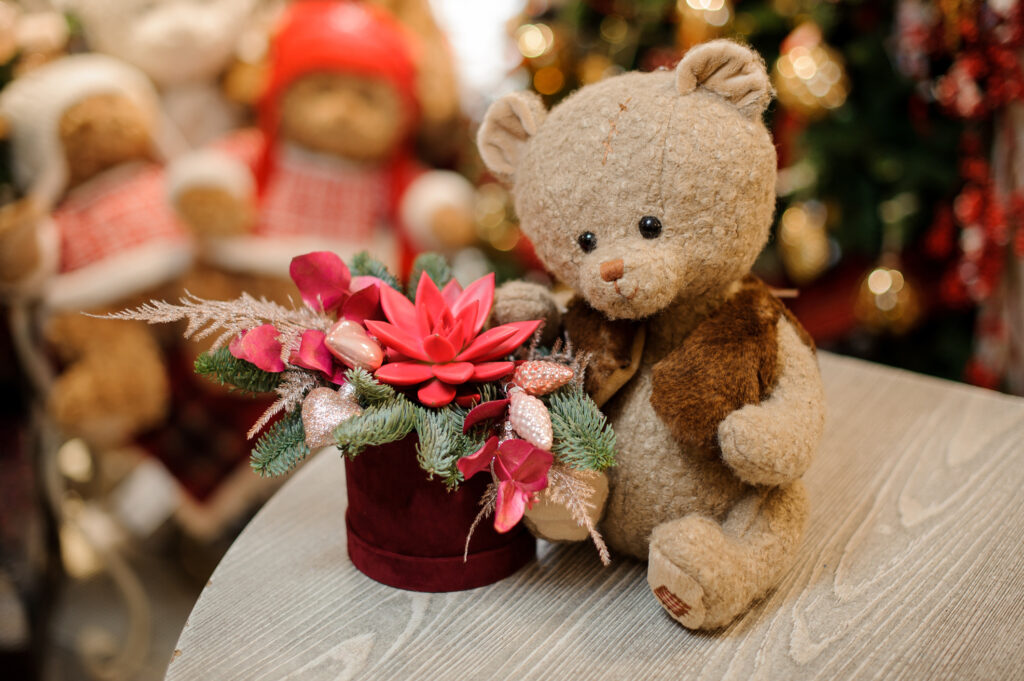 beautiful composition of succulents and fir branches and Christmas tree toys in round box and teddy bear toy on table