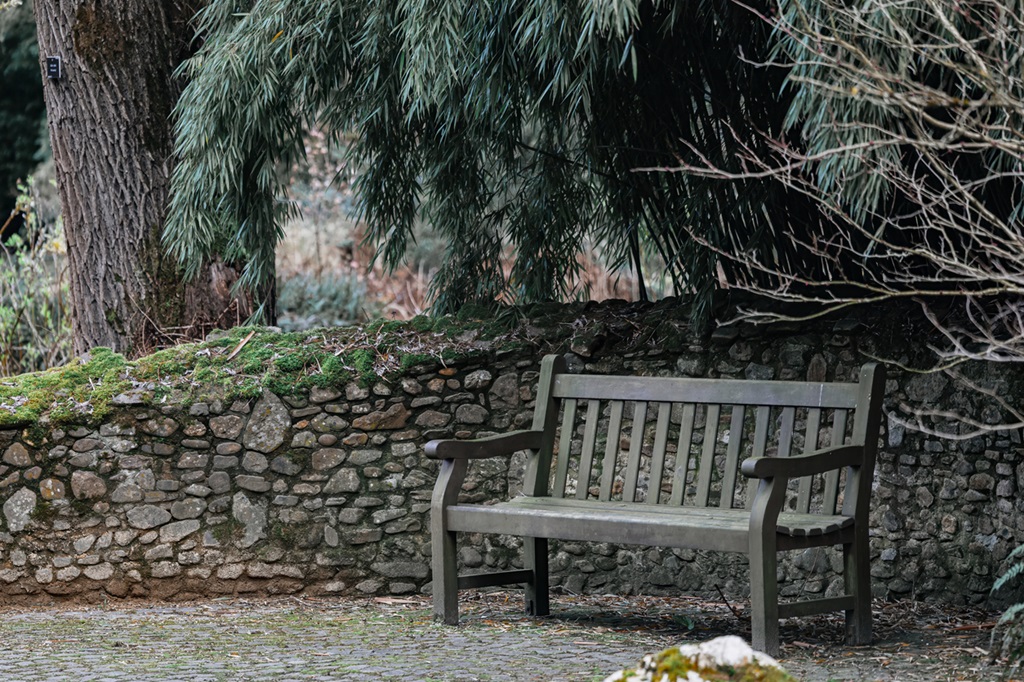 A wooden bench sits in front of a stone wall