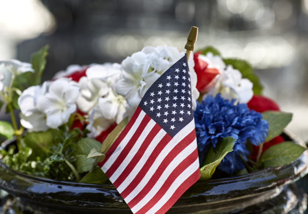 American flag in a flower pot for the 4th of July Celebration