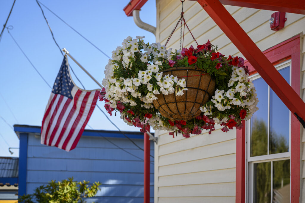 Beautiful flowers in a hanging basket and American flag flying outside the house.