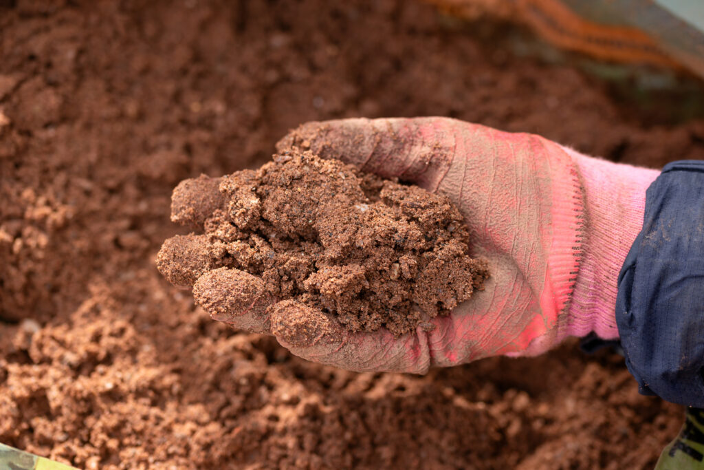 Gardener's hand hold a clay mix soil