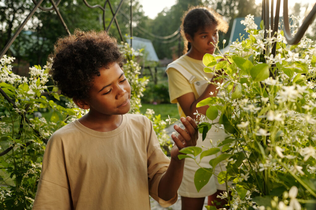 Two young African American kids touching flowering growing in their backyard